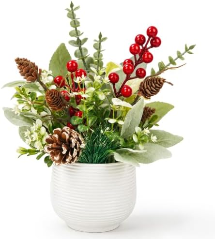 Der Rose Christmas Centerpiece for Tables, Small Fake Plants in White Pot by DerRose