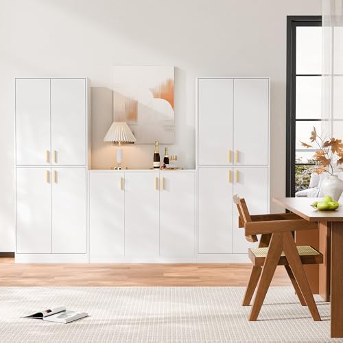 Cozy Castle Kitchen Pantry Cabinet, 71" Tall Wood Storage Cabinet with Doors and Shelves 4 Doors Freestanding Cupboard for Dining Room Living Room Furniture, White - Image 6
