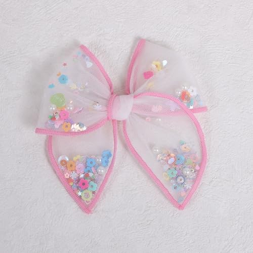 Pink Floral Hair Bow for Girls 4" Flower Mesh Ribbon Fable Bow Hair Clips - Image 6