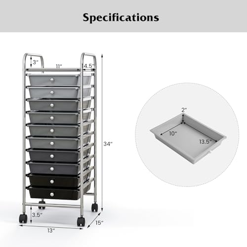 Giantex 10-Drawer Storage Cart w/Universal Wheel, Rolling Cart w/Handle, Home Organizer Storage Unit w/Removable Drawers, Trolley Utility Cart for Kitchen Makeup Living Room Office Play Room - Image 3