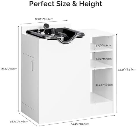 OmySalon Shampoo Bowl with Cabinet, Portable Salon Hair Washing Station with Adjustable Shelf, UPC Certified Faucet, Freestanding Backwash Sink for Barber, Beauty Salon, Spa, White - Image 7