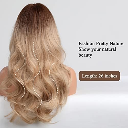 HAIRCUBE Long Blonde Wigs for Women Wave Curly Wig with Bangs Natural Brown Roots Synthetic Wigs for Daily Use Cosplay - Image 3