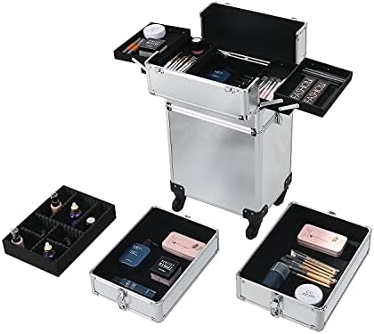 4 in 1 Rolling Makeup Train Case, Professional Aluminum Makeup Travel Organizer Cosmetic Case, Cosmetology Caboodle Case on 360° Wheels, Beauty Storage Luggage Lockable(Silver) - Image 3