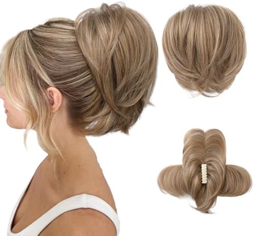 HOOJIH Ponytail Extension, Claw Clip in Straight Hair Bun Messy Bun 9 Inch Short Ponytail with Bendable Metal Wire Hair Pieces for Women Fake Hair Bun DIY Styles - Deep Blonde and Light Blonde mixed by HOOJIH