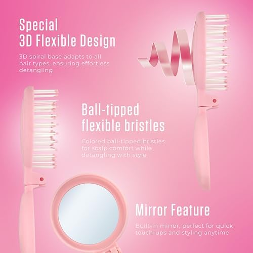 Mini Detangler Travel Hair Brush with Mirror, Makaron Hair Brushes for Women, Men and Kids, Unique 3D Flexible Design for All Hair Types, Styling Accessory, Travel Essentials for Women (PINK) - Image 2