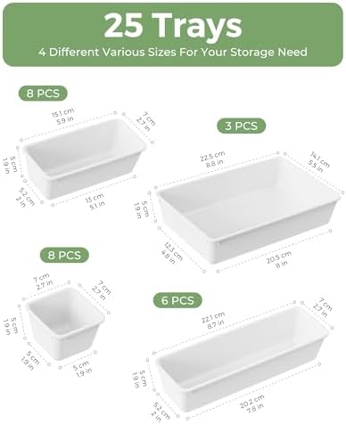 BiuLeon 25 PCS Plastic Drawer Organizers Set, 4-Sizes Vanity and Makeup Organizer, Desk and bathroom Drawer Organizer Trays, Organizers and Storage for Makeup, Jewelry, Gadgets, Utensils (White) - Image 2