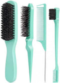 4Pcs Beech Wood Boar Bristle Slick Back Hair Brush Set with Gift Bag, Edge Brush, Teasing Brush & Rat Tail Comb, Smooth Frizz Flyaways Ponytails Buns & Baby Hair Edges Styling Tools for Women Men Kids by Unknown