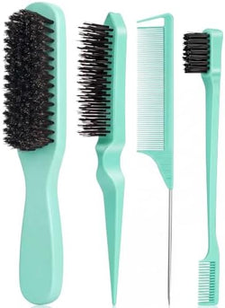 4Pcs Beech Wood Boar Bristle Slick Back Hair Brush Set with Gift Bag, Edge Brush, Teasing Brush & Rat Tail Comb, Smooth Frizz Flyaways Ponytails Buns & Baby Hair Edges Styling Tools for Women Men Kids by Unknown