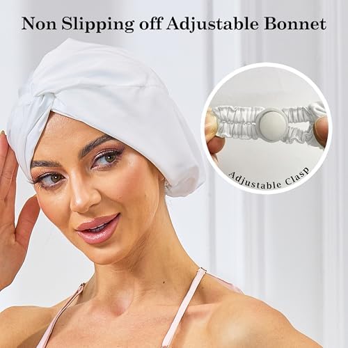 White Adjustable Silk Bonnet Satin Curly Hair Wrap for Sleeping Women - Image 2