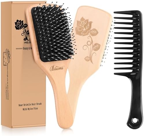 Bsisme Boar Bristle Hair Brush, Professional Detangling Brush for Women Men Kids, Anti-Static Paddle Hairbrush, Suitable for Thick Curly Straight Wet Dry Hair, Reduce Frizz Add Shine by Bsisme