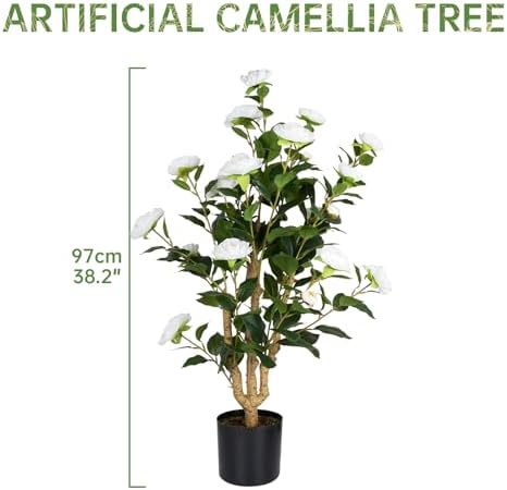 Romantic Season 2Pack Artificial Camellia Tree 3FT, White Faux Camellia Plant Fake Potted Camellia Flower Tree Plastic Camellia Tree for Modern Home Office Living Room Floor Décor Indoor - Image 6