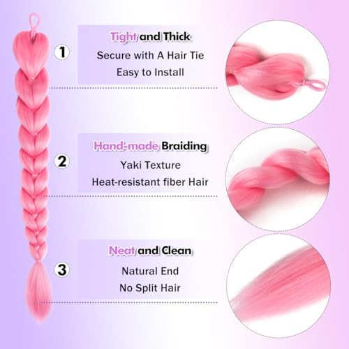 Getgal Pink Hair Extensions 24inch Pre Braiding Hair Synthetic Braid Ponytail Hair For Halloween Costume Cosplay（24inch Ponytail Pink） - Image 4