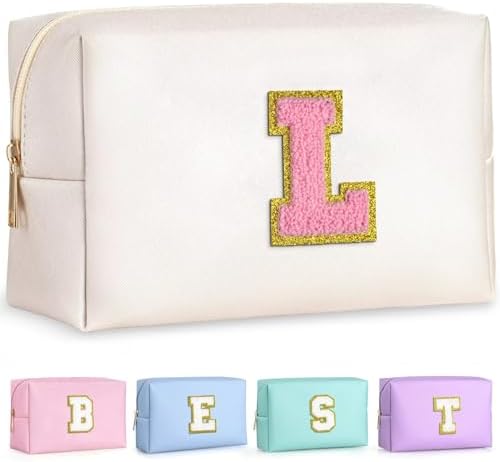 TOPEAST Personalized Birthday Gifts for Women, Preppy Patch Makeup Bag, Chenille Letter Pouch Cosmetic Bag, Travel Organizer, Gifts for Friends Cute Stuff for Women (Pearly White L) by TOPEAST