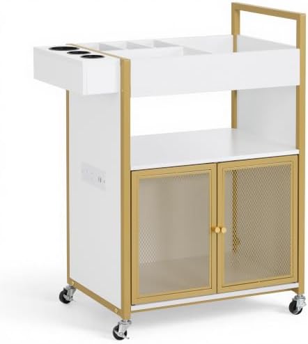 BarberPub Rolling Salon Cart with Power Outlet, Barber Trolley with Metal Tool Holder & Storage Cabinet, Beauty Salon Equipment with Mesh Doors for Hair Stylist 2087(White) by BarberPub