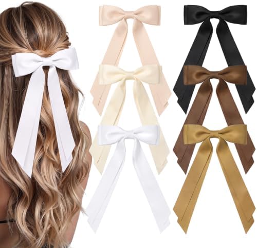 6PCS Brown Tone Hair Bows, Large Ribbon Bow Hair Clips for Girls Women Cute Ponytail Holder Accessories for Toddlers Kids Teens by AILEAM