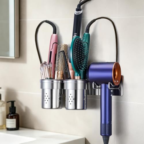 Hair Tools Organizer 5-in-1, Bathroom Hair Dryer Holder Wall Mount Adhesive, Hot Tools Holder Storage Metal with 2 Removable Cups, Blow Dryer Holder for Flat-Curling Iron, Brushes(Silver) by LOXSUN