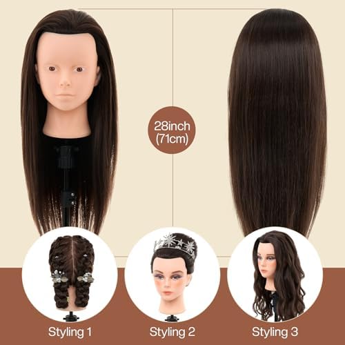 28Inch 80% Real Hair Mannequin Head - Cosmetology Mannequin Head with Hair for Makeup Braiding Makeup Curling Cuting, Make up Doll Head for Styling with Table Clamp hair Styling Set (Dark Brown) - Image 5