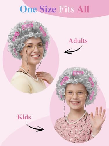 URATOT 5 Pieces Halloween Old Lady Wig Costume Set Grandma Wig Hair Rollers Glasses Chain Necklace Bracelet - Image 3
