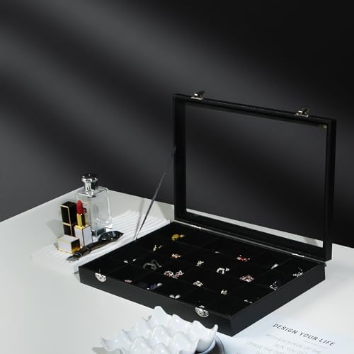 Coward Jewelry Organizer Box, Black Velvet 24 Grids Ring Earring Jewelry Display Tray Case with Transparent Glass Lid for Home Drawer or Shop Selling - Image 5