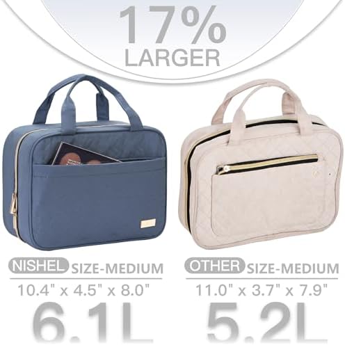 NISHEL Travel Toiletry Bag for women, Portable Hanging Organizer for Travel-Sized Shampoo, Conditioner, Brushes Set, Makeup Accessories, Medium Size, Aegean-Blue - Image 3