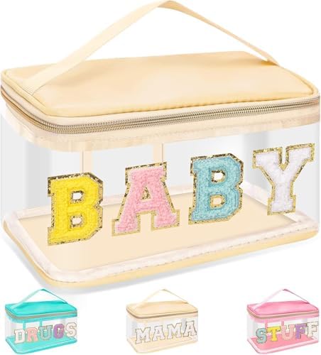 Chenille Letter Clear Makeup Bags Baby Pouch, Preppy Patch Makeup Bag Zipper with Handle, Transparent PVC & Nylon Waterproof Glitter Cosmetic Handbag Travel Toiletry Storage for Women Girl(BABY-Beige) by izuzta