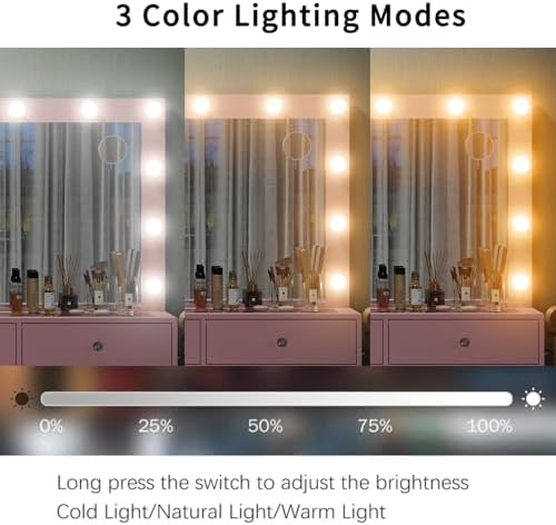 Yanosaku 11 Drawers Makeup Vanity with Charging Station, Vanity Desk with 13 LED Bulbs and HD Mirror, 3 Color Brightness Adjustable, Glass Top Vanity Set for Bedroom, Pink - Image 4