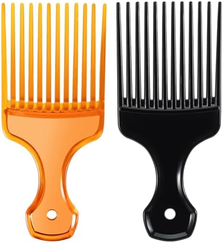 SIMPOR 2 Pcs Hair Pick Comb Wide Tooth Lift for Hair Styling Detangling, Plastic Afro Pick for Women Men, Fist Picks for Curly and Afro Hair (Clear Orange, Black) by SIMPOR