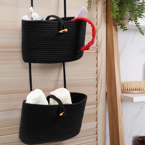 TeoKJ Over the Door Hanging Baskets with Button Strap, 3-Tier Woven Cotton Storage Organizer Bag, Wall-Mounted with Hook Decorative Hanging Nursery Baskets - Black - Image 6