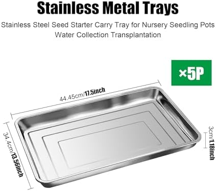 RooTrimmer 5 Pack Large Stainless Steel Seedling Trays, Heavy Duty Metal Water Catch Trays for Nursery Pots-Transplant, Seed Germination & Propagation Flats (17.5 inch×13.56 inch, 1.18" Height) - Image 2