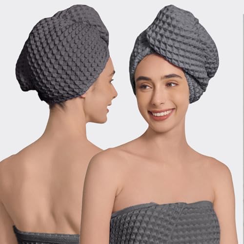 Luxury Organic Japanese Cotton Hair Drying Waffle Towel Wrap for Women | Absorbent, Quick-Dry Head Turban for Shower, Sauna, Spa | Extra Large for Long, Curly, Straight Hair With Button (Grey, 1 Pc) by KOSMU