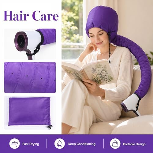 Elitzia Bonnet Hair Dryer Attachment Extra Long Hose Hooded Dryer Cap for Fast Drying & Deep Conditioning, Adjustable Universal Blow Dryer Bonnet for Curly Natural Hair, Portable Heat Cap Purple - Image 3