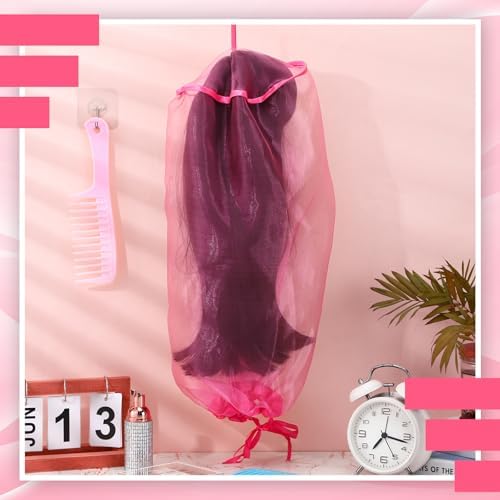 Loopeer 6 Pcs Wig Storage Bag Adjustable Wig Cover with Drawstring,Rose Red - Image 3