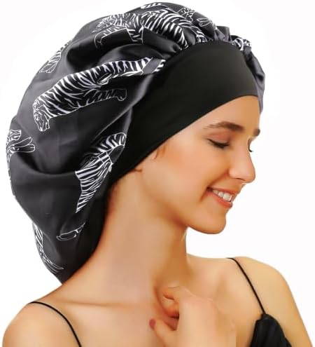 Large Round Satin Bonnet with Adjustable Elastic Band, Silver Tiger Black Sleep Cap for Curly Natural Hair Women, Frizz-Free Night Hair Protector, 1 Pack - Image 2