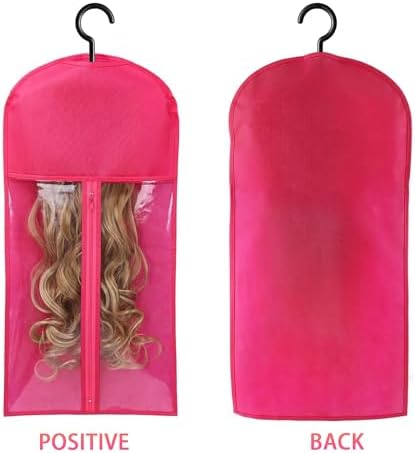 Wig Hangers Set - Premium Dust-Proof Wig Storage Bags with Hooks for Hair Extensions, Wig Organizer for Wig Bags Storage with Hanger,Space-Saving Wig Storage Solution(6PCS Black & 6PCS Hot Pink) - Image 3