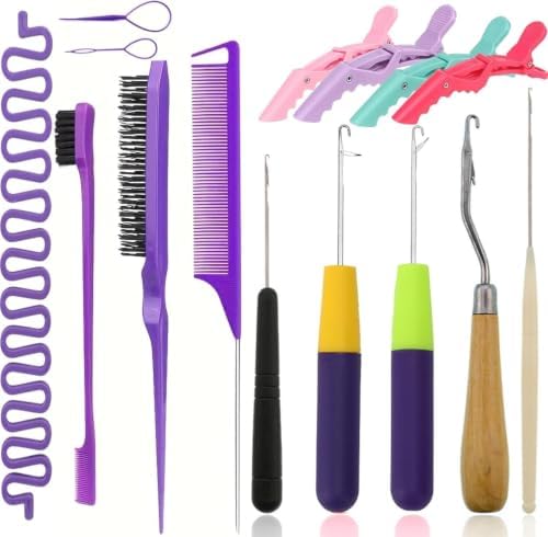 Nalexmi Crochet Hooks for Hair, 15 PCS Latch Hook Crochet Needle Set for Braiding, Locs, Dreadlocks and Passion Twist Extensions, with Tail Comb and Duckbill Hair Clips, Purple Styling Kit by Nalexmimeetyousweet