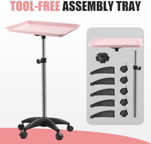 Salon Tray On Wheels Tattoo Tray Rolling Trolley Adjustable Height Storage Utility Cart for Clinic Spa Rolling Tray (Black) (Pink) - Image 3