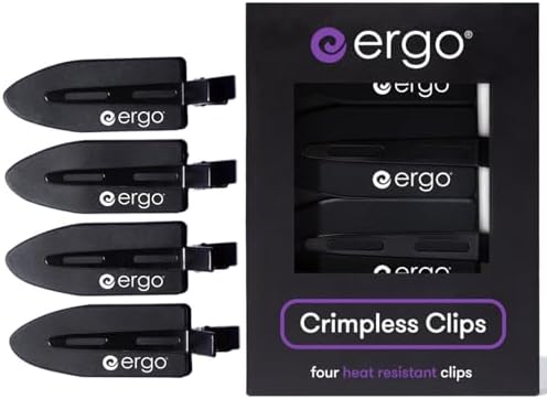 ERGO No-Crease Hair Clips – 4 Pcs Heat-Resistant Crimpless Clips for Hair Styling, Sectioning, Makeup | No Bend Clips for Women, Curls, Bangs, Salon Use by ergo