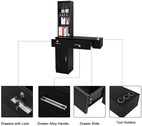 mefeir Wall Mount Hair Styling Barber Station Beauty Hair Salon Spa Equipment Set with 3 Tier Shelf, Lockable Drawer & Cabinet, Easy Assembled (Black) - Image 7