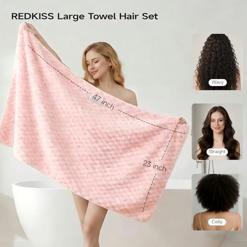 REDKISS 5 Pack Extra Large Hair Towels - Microfiber Hair Towel Wrap for Women, 23 x 47 inches Hair Towels with Elastic Strap, Super Soft Hair Drying Towels for Long, Thick, Curly Anti Frizz Turbans - Image 2