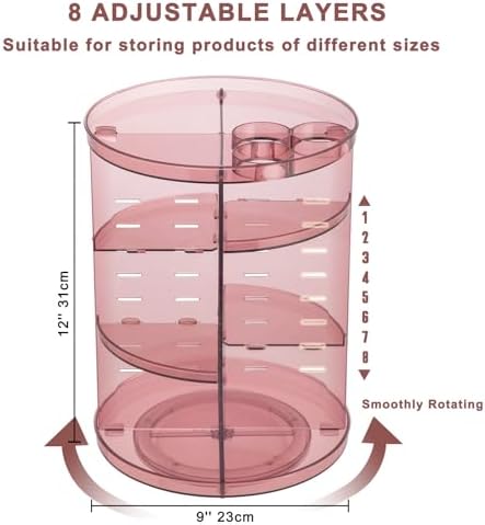 Rotating Makeup Organizer, DIY 8 Adjustable Layers Spinning Skincare Storage, Cosmetic Display Case with Brush Holder and Perfume Tray, Multi-Function Vanity Bathroom Countertop Organizer Clear Pink - Image 2