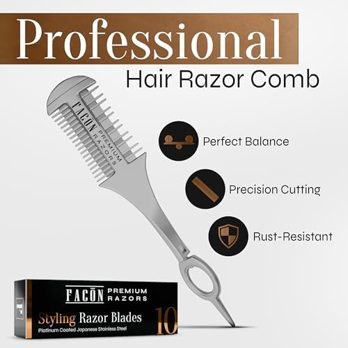 Facón Razor Comb for Hair Cutting - Professional Hair Cutting Comb Kit with 12 Replacement Blades, Double Edge Shaper for Salon & Home, Premium Styling Thinning Texturizing Split Ends Trimming Razor - Image 2