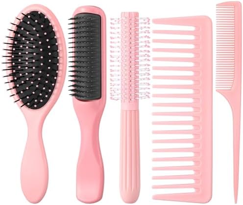 5Pcs Pink Hair Brushes for Women Hair Comb Set Detangler Brush for Men and Women Wet, Dry, Curly and Straight Hair by ProSuites