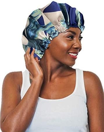 Glow By Daye Satin Bonnet, Double-Layered and Adjustable Satin Sleep Cap, Extra Large, Reversible St. Lucia Navy (Navy Floral) - Image 5