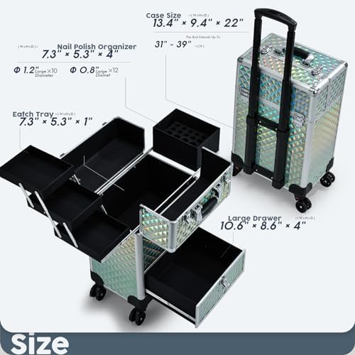Hododou Blue Rolling Makeup Case with Drawer Travel Trolley Cosmetology Case on Wheel Makeup Storage Salon Barber Case Traveling Cart Trunk for Cosmetologist Nail Tech Hairstylist - Image 6