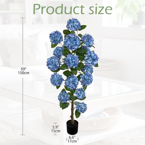 5FT Blue Hydrangea Artificial Flower Tree Large Faux Hydrangea Plant Potted - Image 2