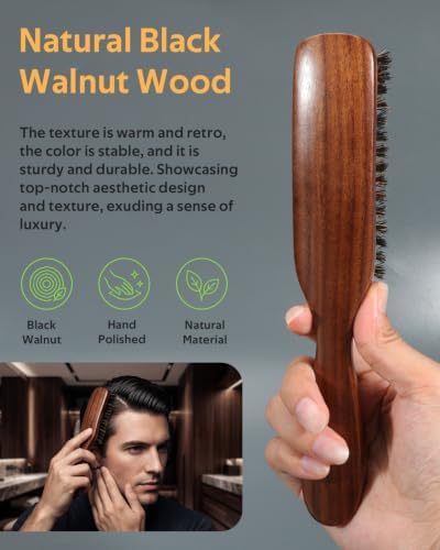STYLEMATE 100% Mens Boar Bristle Hair Brush, Natural Stiff Bristles and Black Walnut Wood for Thick & Fine Hair, Beard Brush with Handle for Men - Image 3