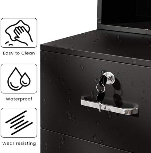 50.4" Barber Station for Hair Stylist, Salon Storage Cabinet with 3 Drawers, Lockable Compartment, 3 Tool Holders and Open Shelves, Hairdresser Workstation, Black, Mirror Not Included - Image 7