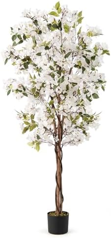Goplus 6 FT Bougainvillea Artificial Tree, Faux Flower Tree in Pot with 910 Flowers, 105 Leaves, Real Wood Trunk, Tall Fake Floor Plant, Artificial Plants for Indoor Bedroom Living Room Decor, White by Goplus