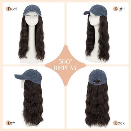 Rich Choices Hat Wigs for Women,Denim Blue Baseball Cap with Hair Extensions for Women,Caps with Wavy Curly Synthetic Long Hair Attached Adjustable Baseball Cap Wig 18 Inch Dark Brown Hair - Image 5