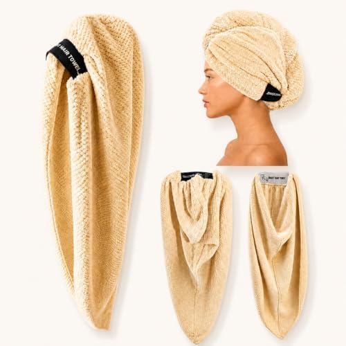 – Microfiber Hair Towel Wrap for Women, Super Absorbent, Quick Dry, Lightweight, Anti-Frizz, Long Thick Curly Hair (Champagne Sand, Medium) by SmartHairTowel